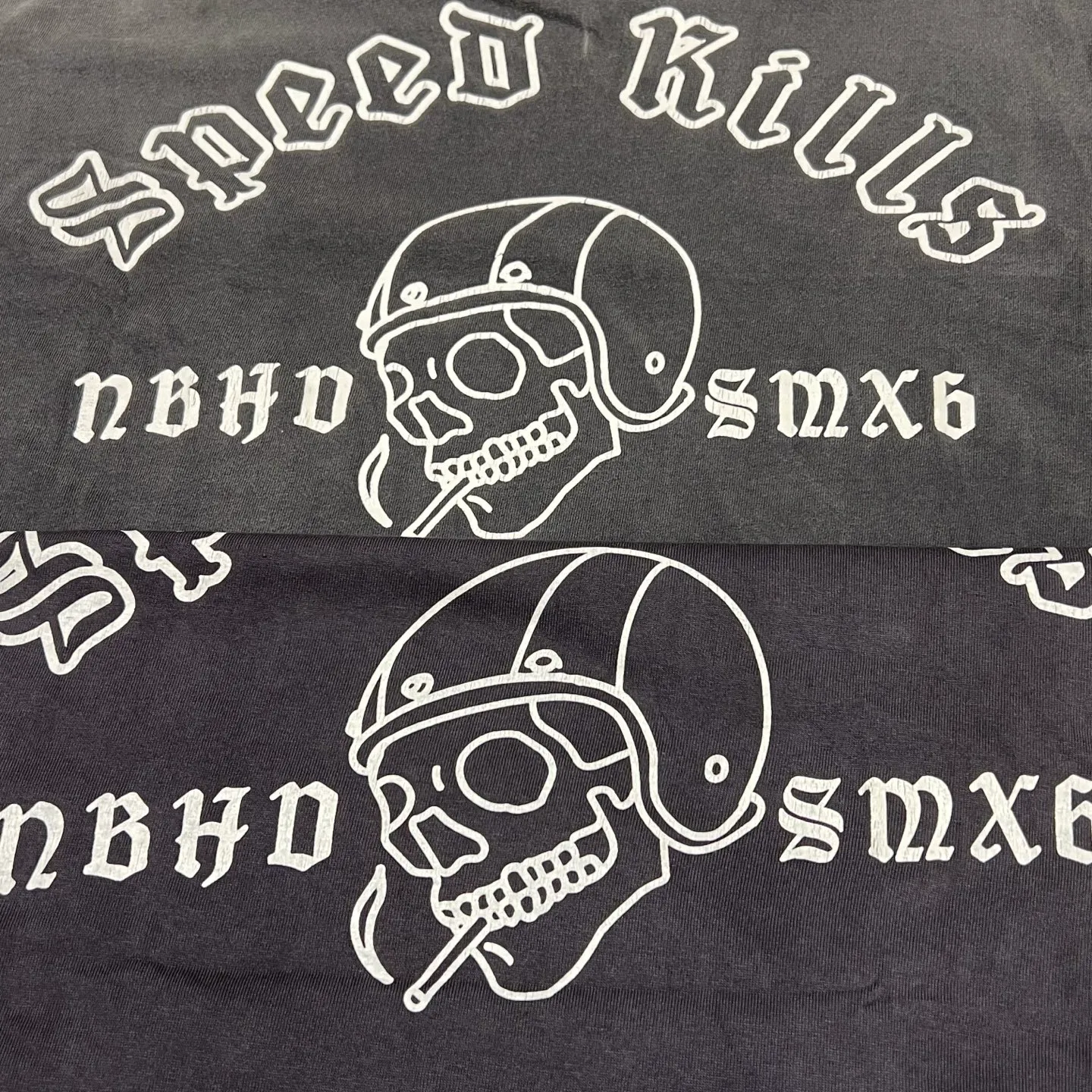 Printing proofing SAINT Mxxxxxx × NEIGHBORHOOD STHD . LS TEE SPEED KILLS/BLK Skull Helmet Long Sleeves Washed Black S-XL Cylindrical Cloth Ready-made Assute Dyeing Heavy Washing Water Fading Handmade Splashed Ink Holes Simulate Natural Fading and Old Effects Correct Version Customized NBHD Co-branded Accessories Top Purchasing Level